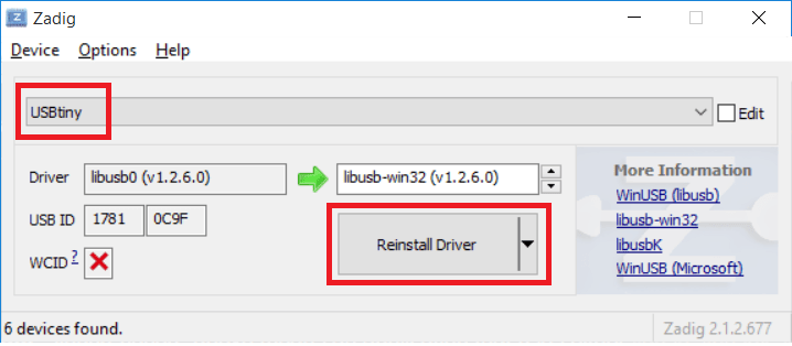 zadig select usbtiny click reinstall driver